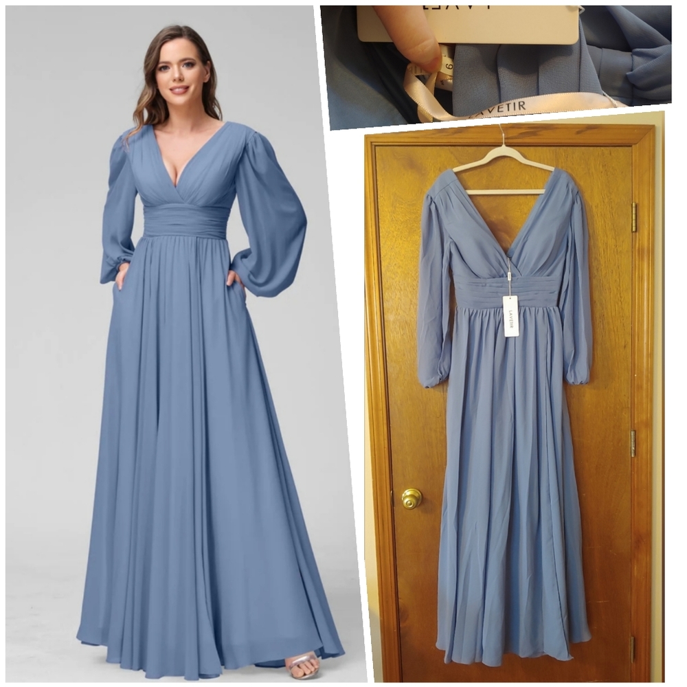 NWT Dusty Blue Steel Size 6 Mother Bride Bridesmaid V Neck Maxi Dress Chiffon